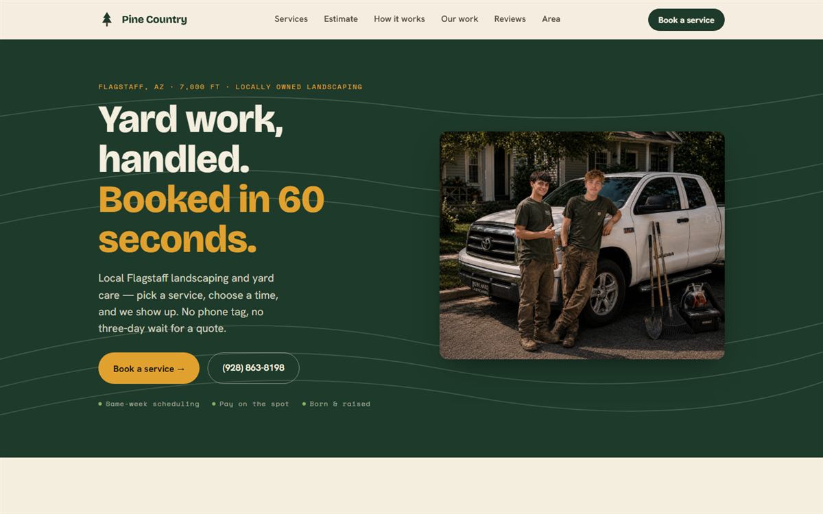 Screenshot of the Pine Country Landscape website home page